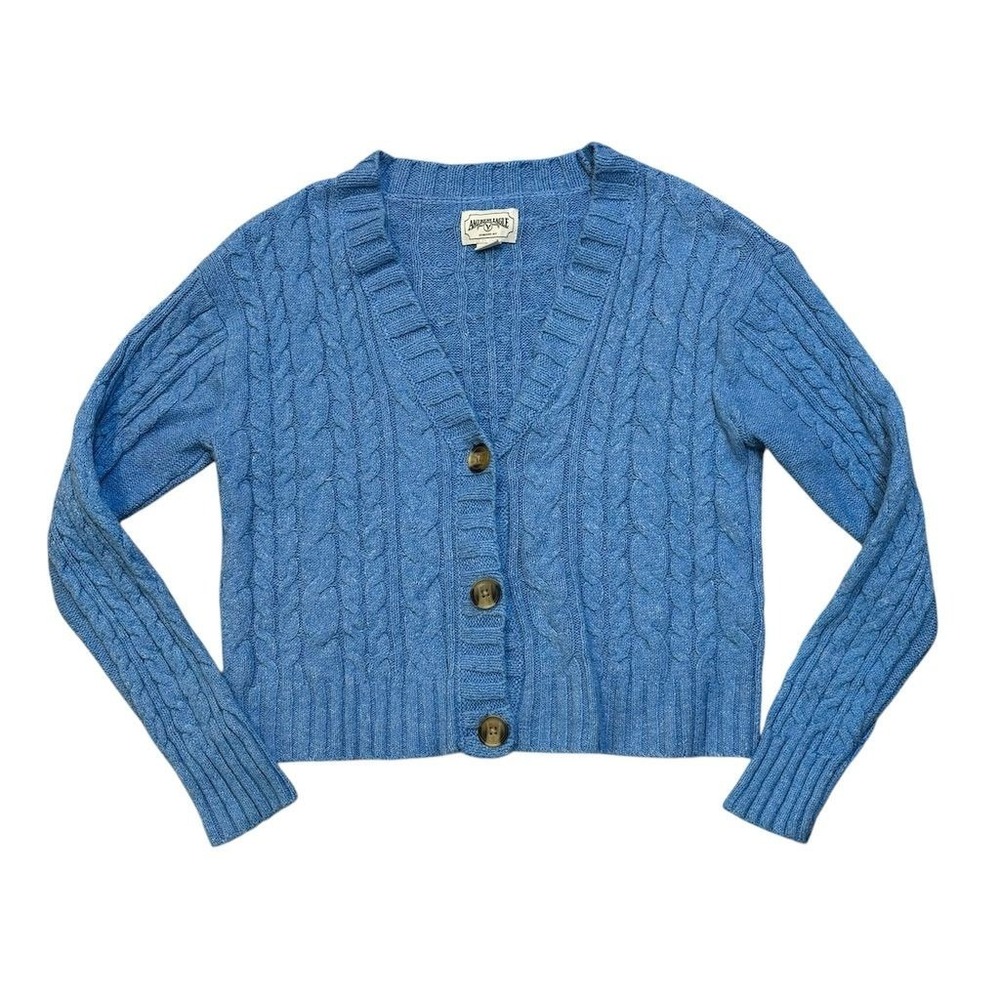 Vintage American Eagle Women's Blue Cable Knit Cropped Cardigan Sweater M‎